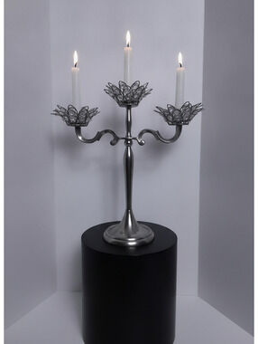 Elegant 3-Arm Silver Metal Candelabra with Crystal Beaded Flower Cups